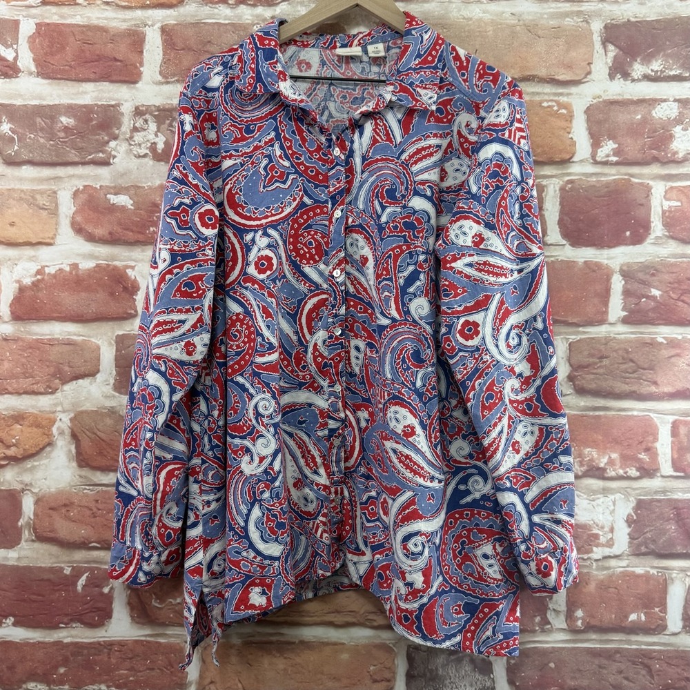 Westbound Top Women's 1X Multicolor Linen Blend Boho Floral Button Front Shirt